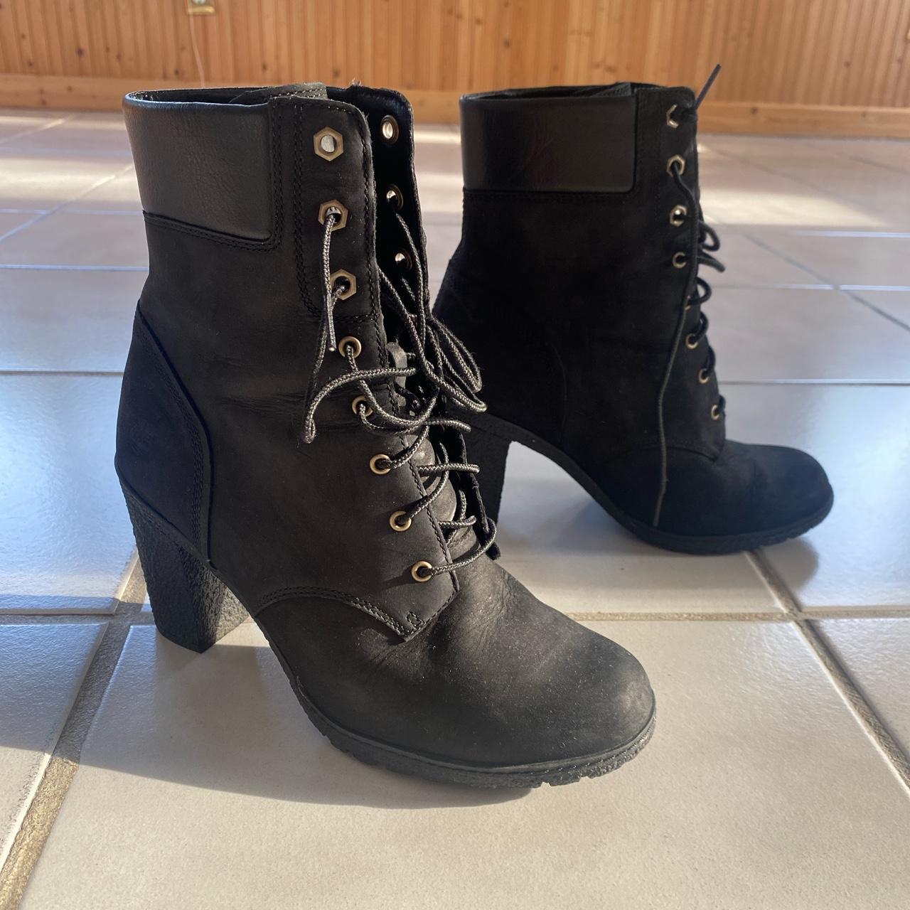 timberland black lace up high heel boots like... - Depop