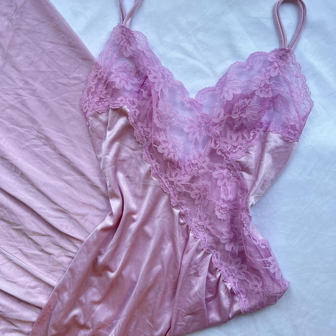 Vintage pink lace lingerie slip dress 44” long... - Depop