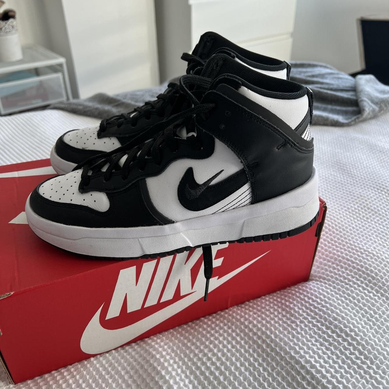 Nike dunk high top trainers black and white... Depop