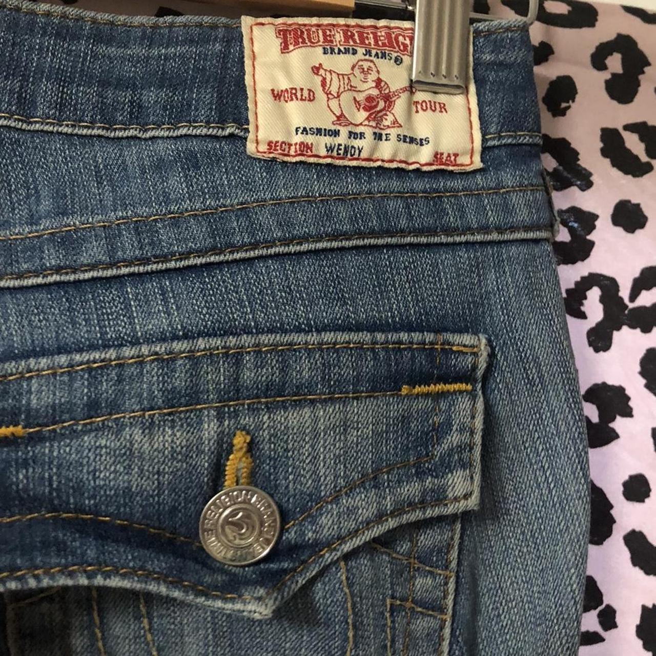 Blue True Religion Jeans! Has a low waisted, tight... - Depop