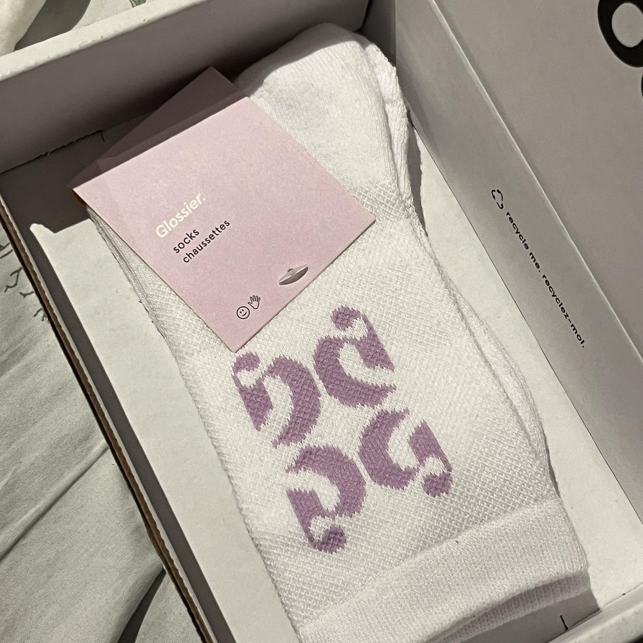 Glossier Women's White and Purple Socks | Depop