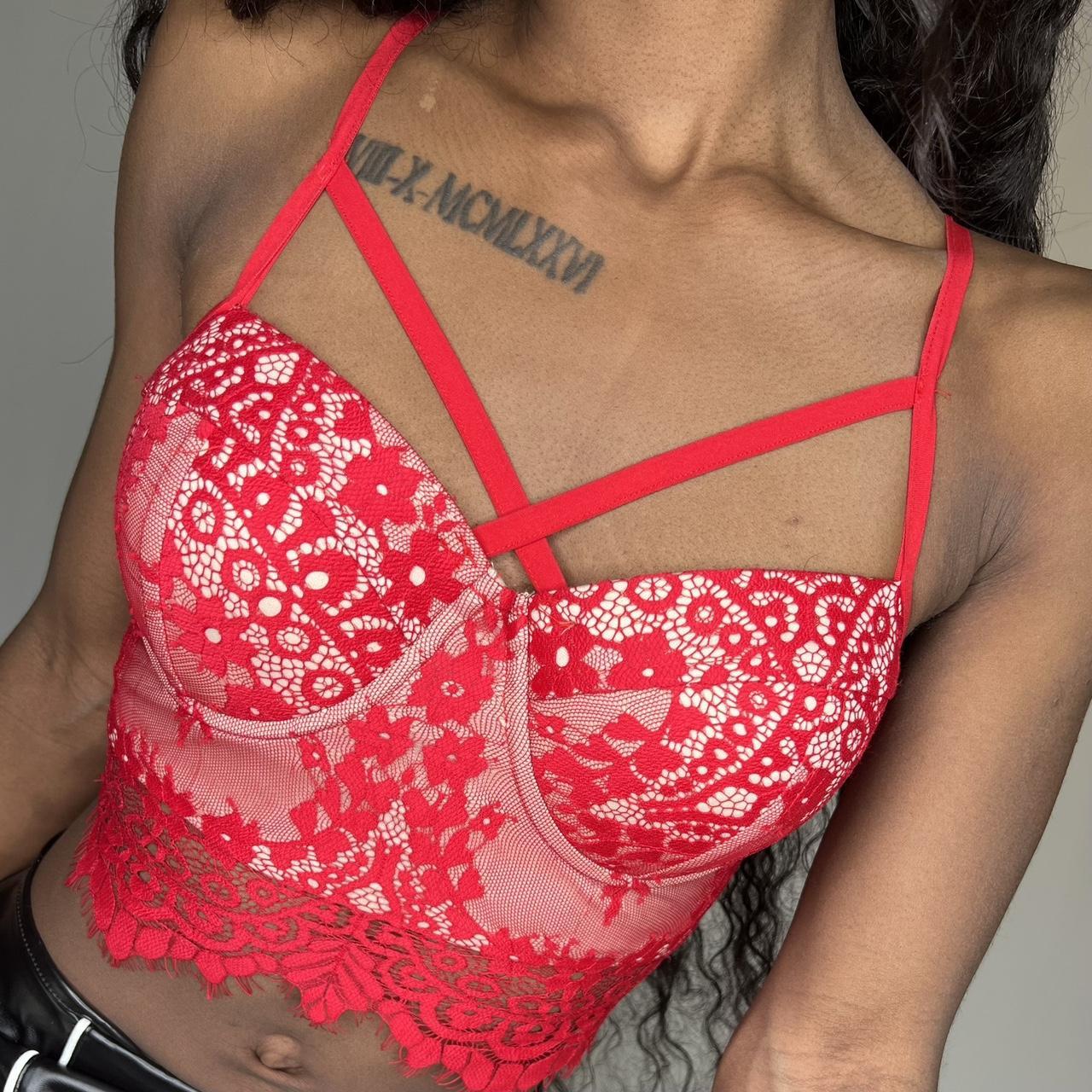 Red Lace Bustier Top - Red lace on top of a nude - Depop