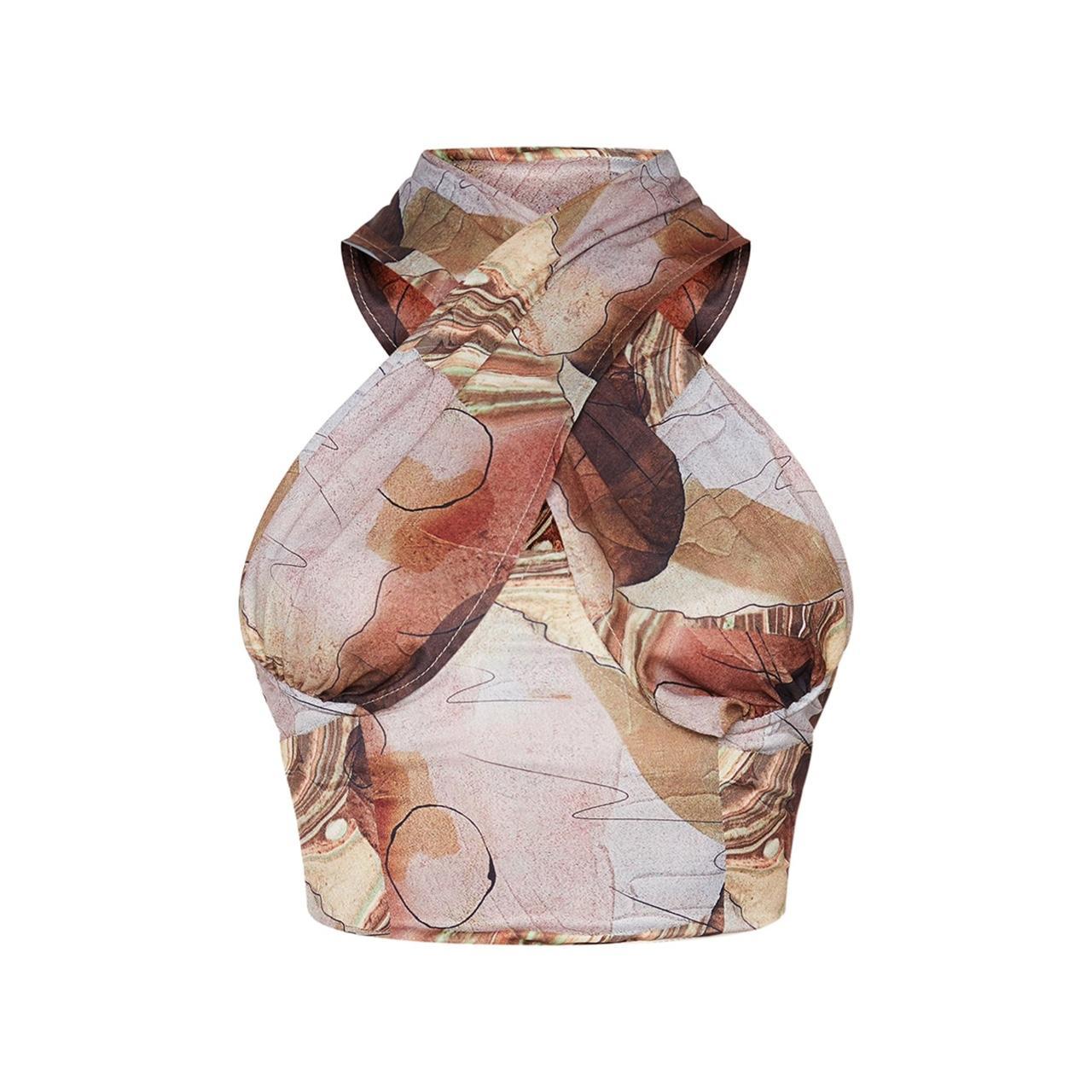 PLT woven abstract print cross over underbust halterneck corset