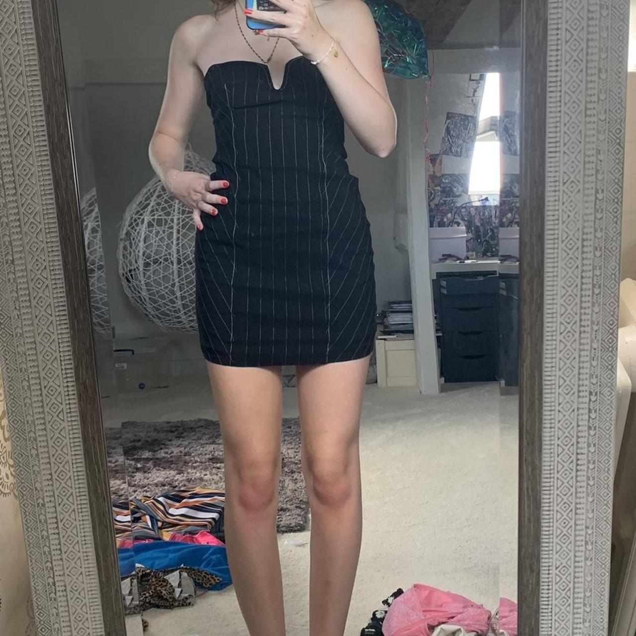 zara pinstripe strapless mini dress so cute... - Depop