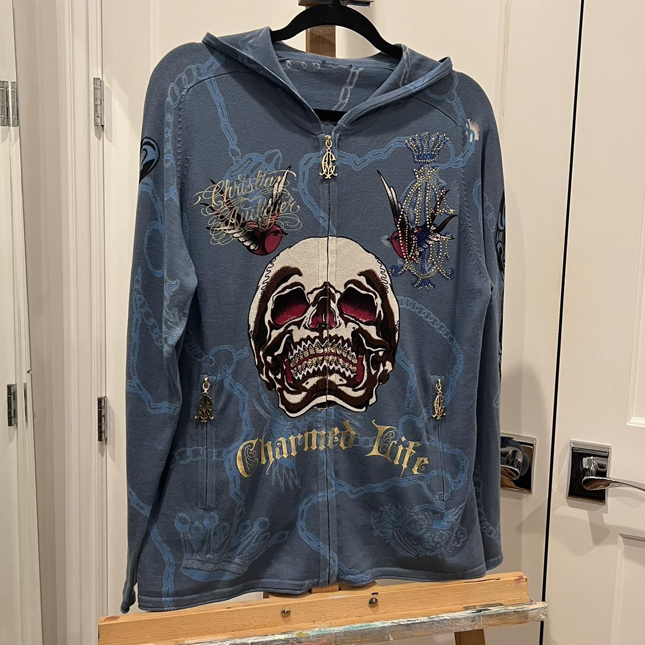 christian audigier zip-up hoodie in a cool blue... - Depop