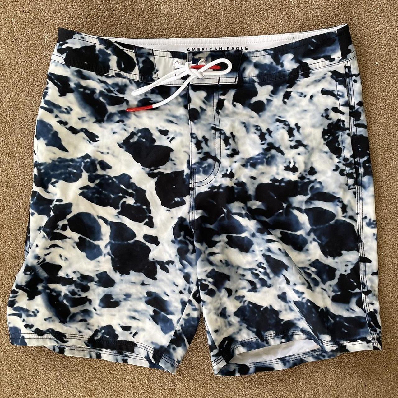 American Eagle Outfitters Men's Blue and White Swimbriefsshorts Depop