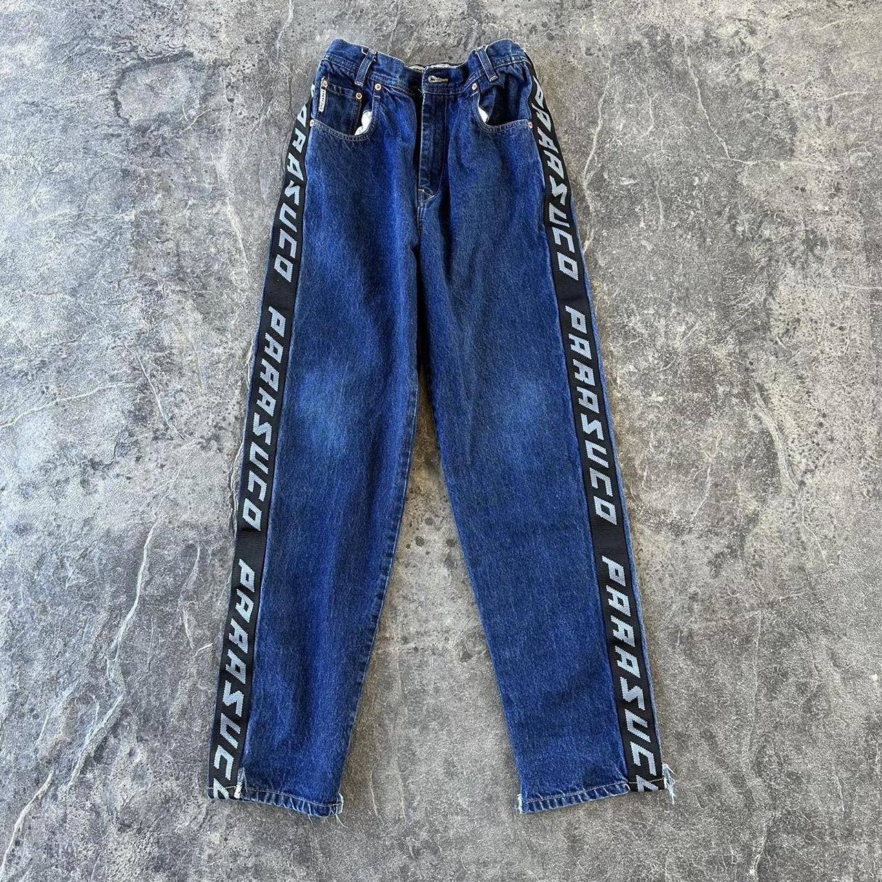 90s Parasuco Loose Fit Racing Stripe Jeans Blue... - Depop