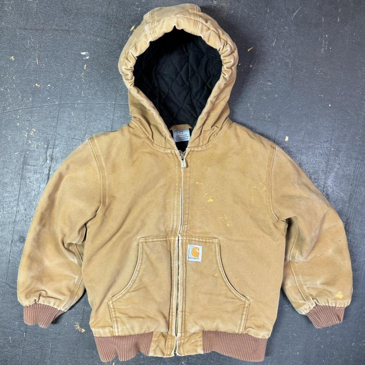 Kids vintage Carhartt tan/beige hooded zip-up jacket... - Depop