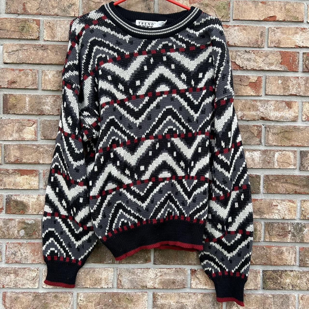 80s tribal grandpa sweater coogi style black and red. Depop