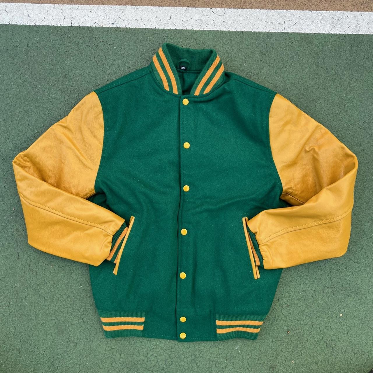GREEN AND YELLOW VARSITY JACKET, WATERPROOF SIZE... Depop