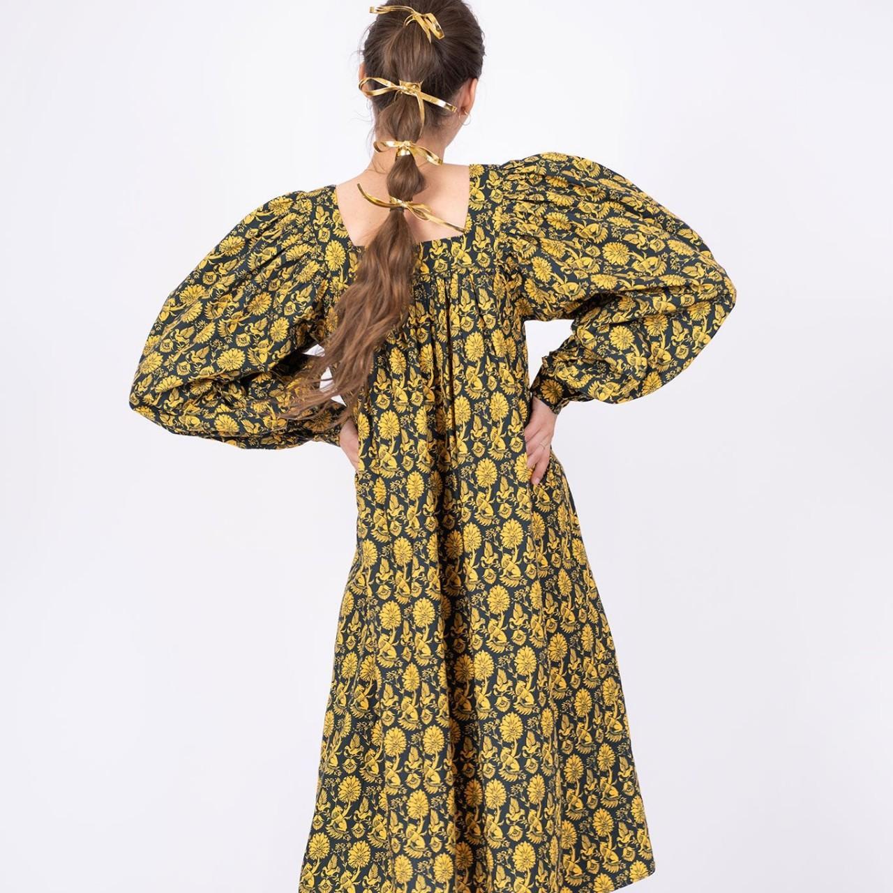 Batsheva Women's Yellow and Navy Dress Depop