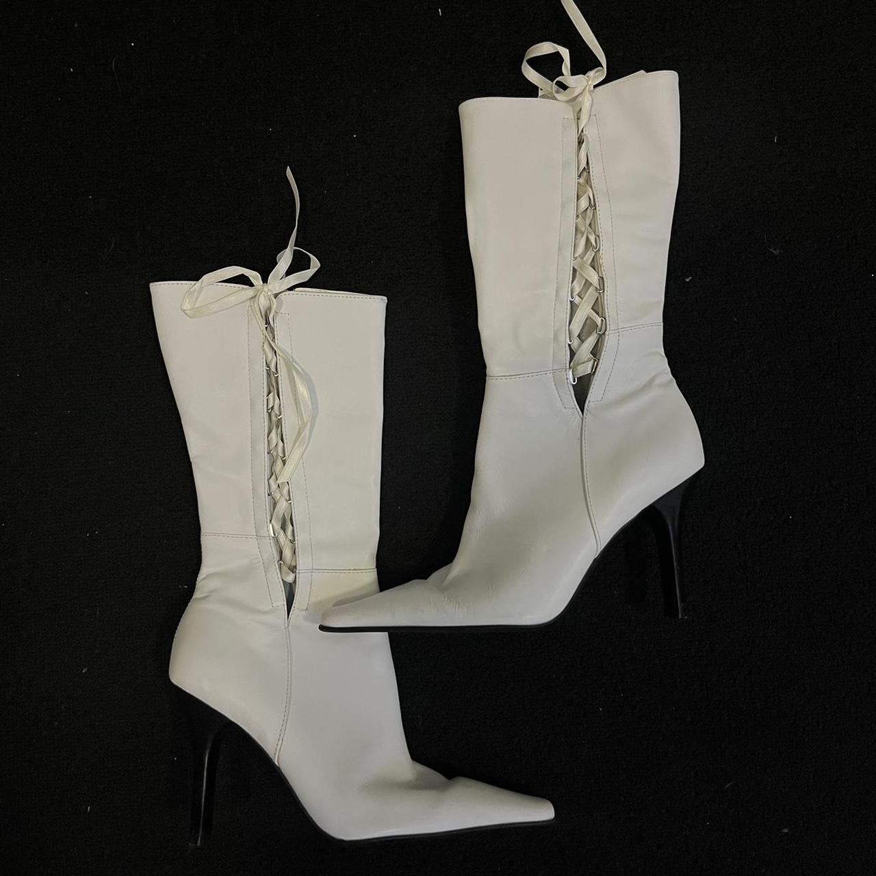 white lace up pointed toe heeled boots, soooo cute... - Depop