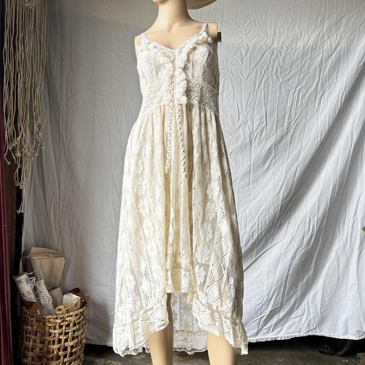 CIDER Cream Gold Boho Lace Fringe Braided Maxi Dress... Depop