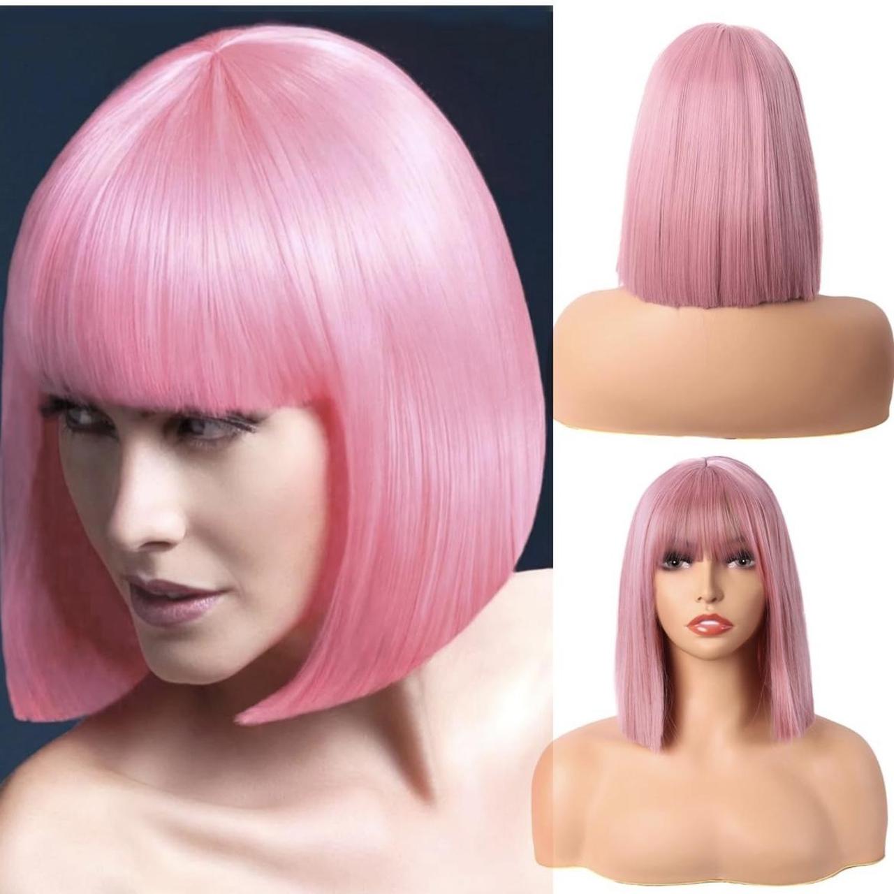 Human hair blend pink outlet wig with bang.