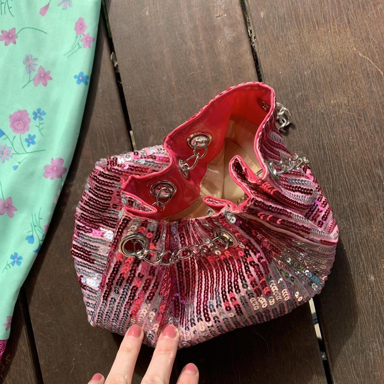 Y2K pink and sliver sequin bucket handbag Silver... Depop