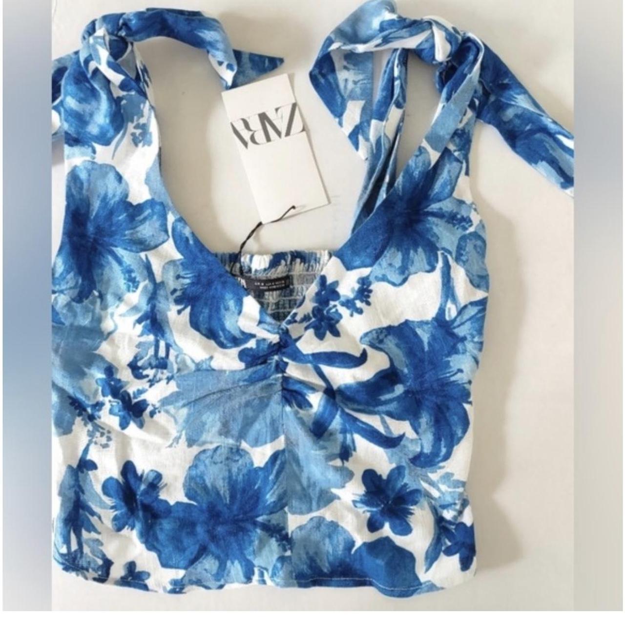 Blue and white floral zara top. Never worn size... Depop