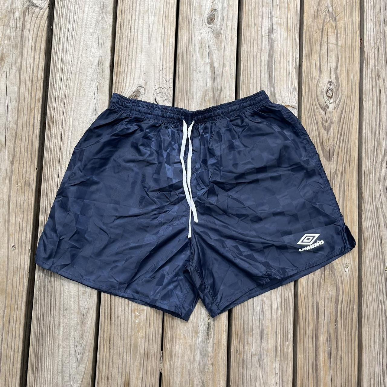 Vintage 90's Umbro checkered soccer shorts navy blue... - Depop