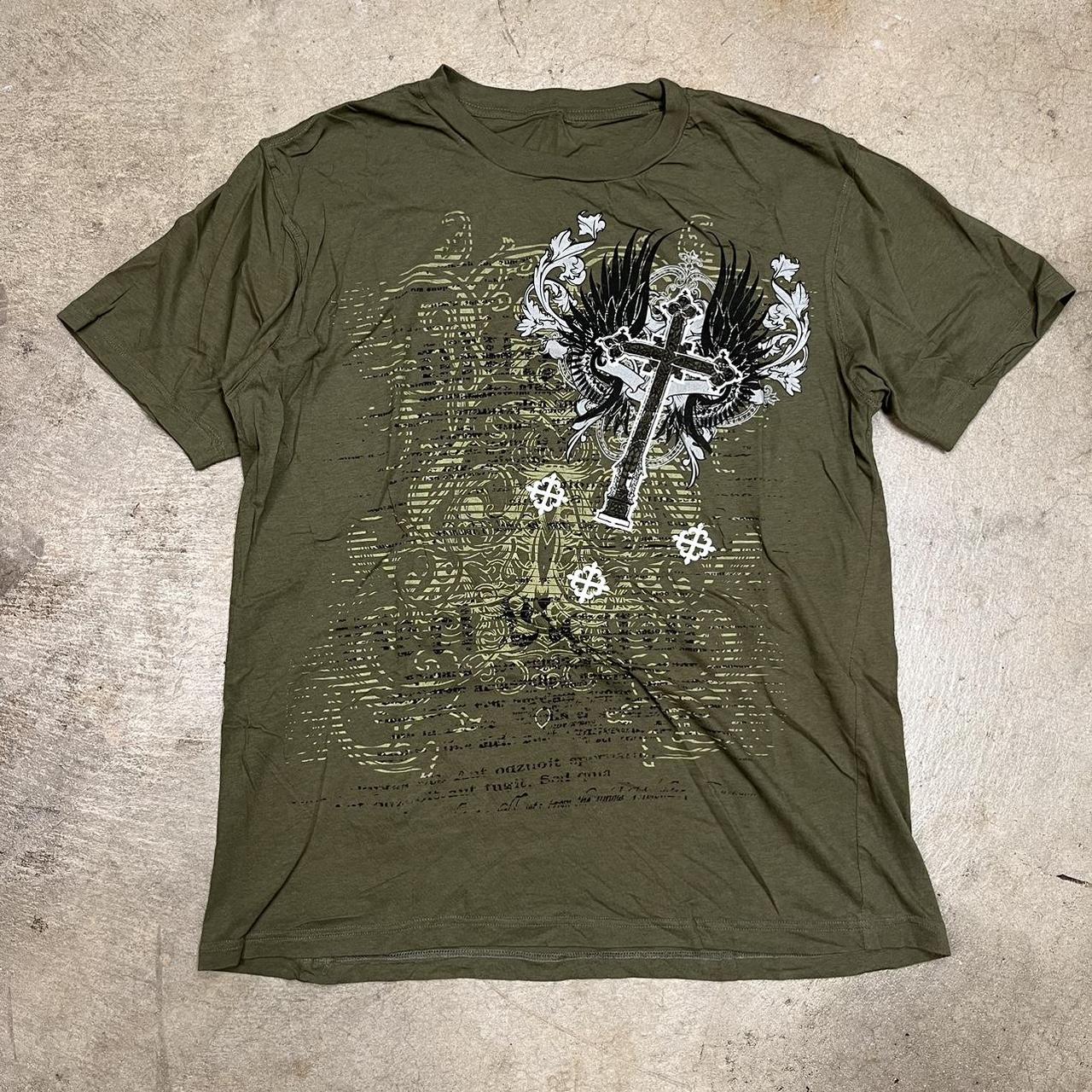 00s custom culture cross ロンT archive Y2K cross t-shirt green affliction style tee WxL: | Depop