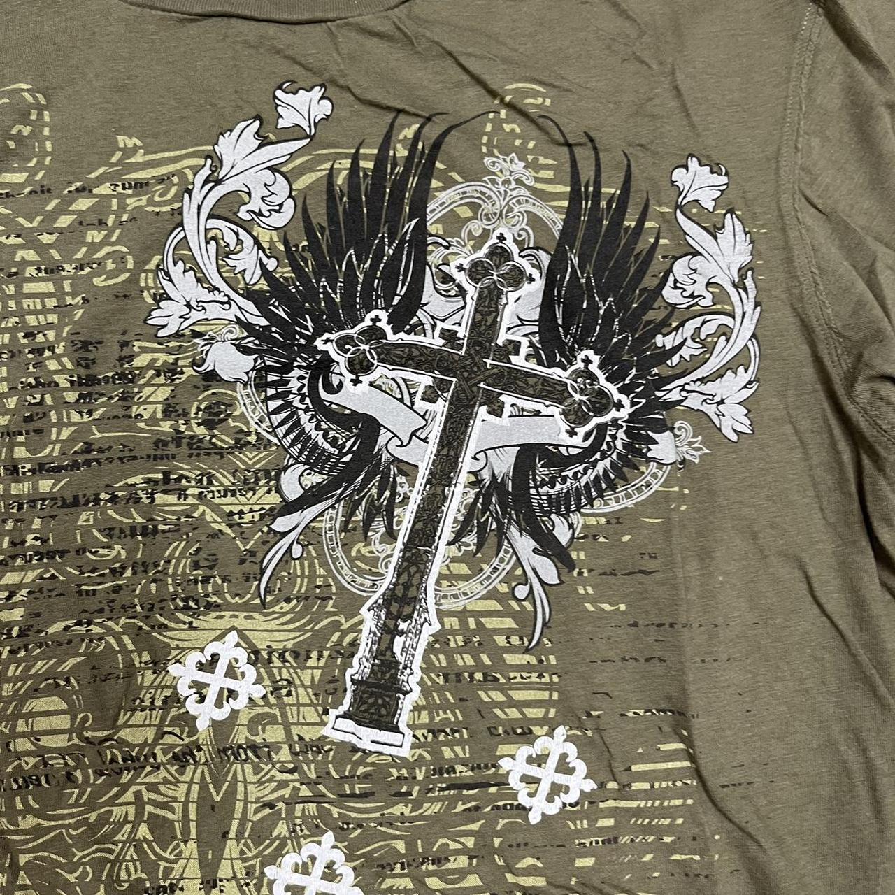 00s custom culture cross ロンT archive Y2K cross t-shirt green affliction style tee WxL: | Depop