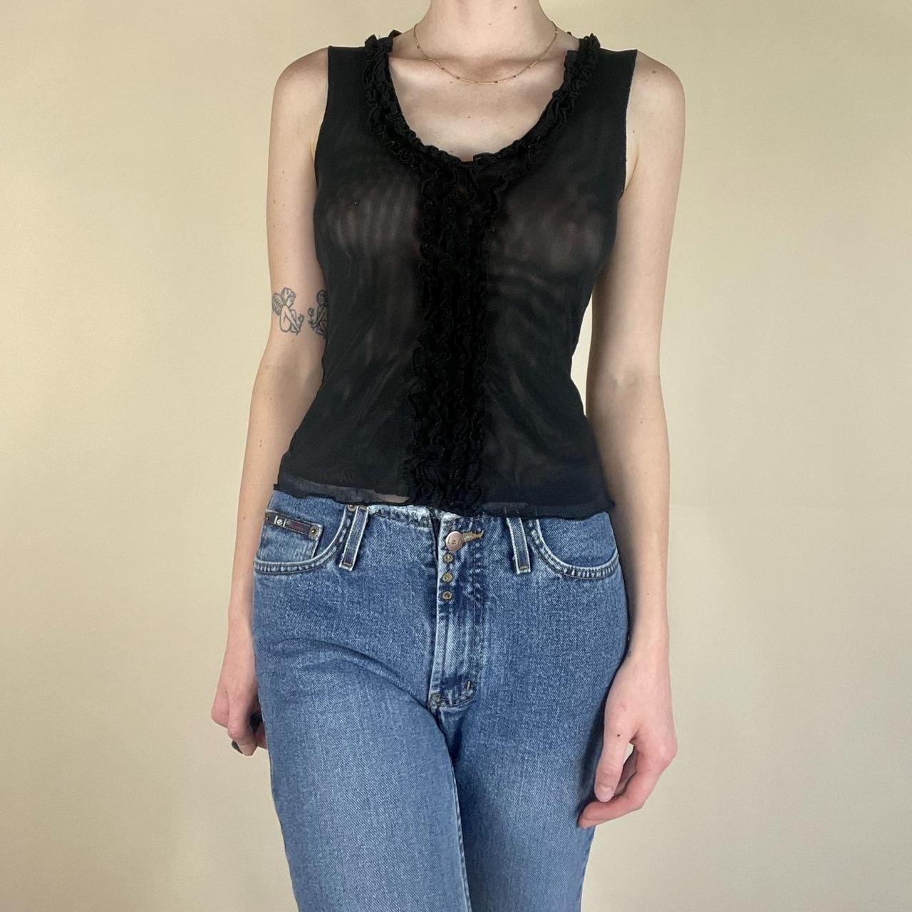 ♡༻ ✮ y2k double layered black mesh tank top with... - Depop