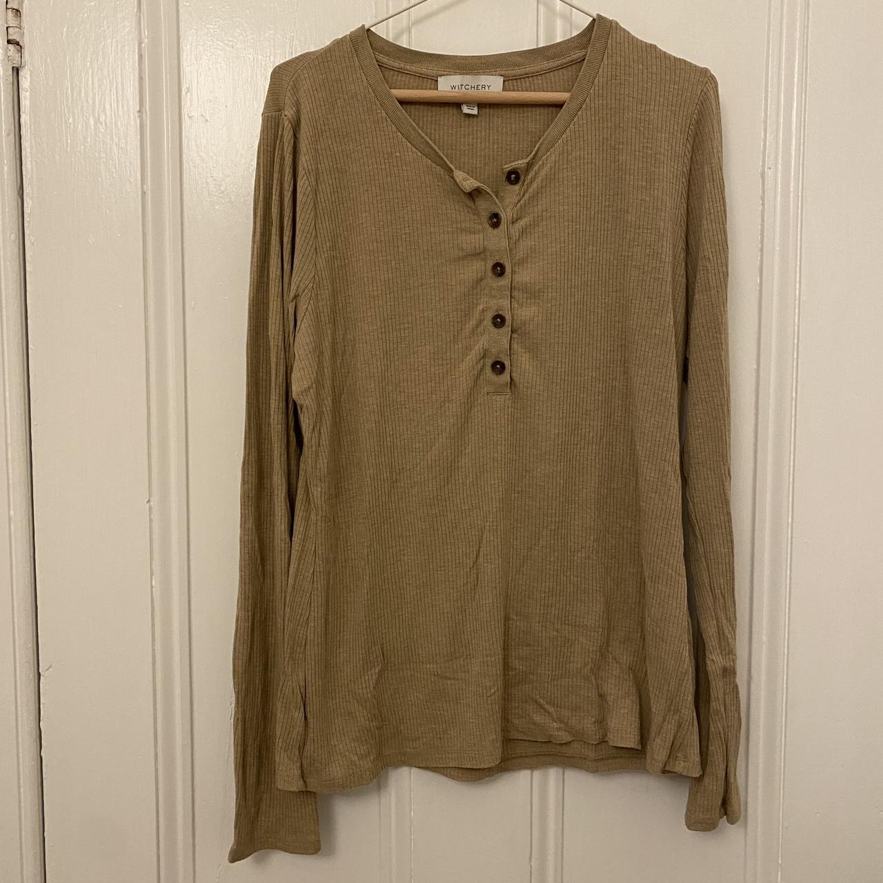 Witchery ribbed Henley long sleeve in camel Size L... - Depop