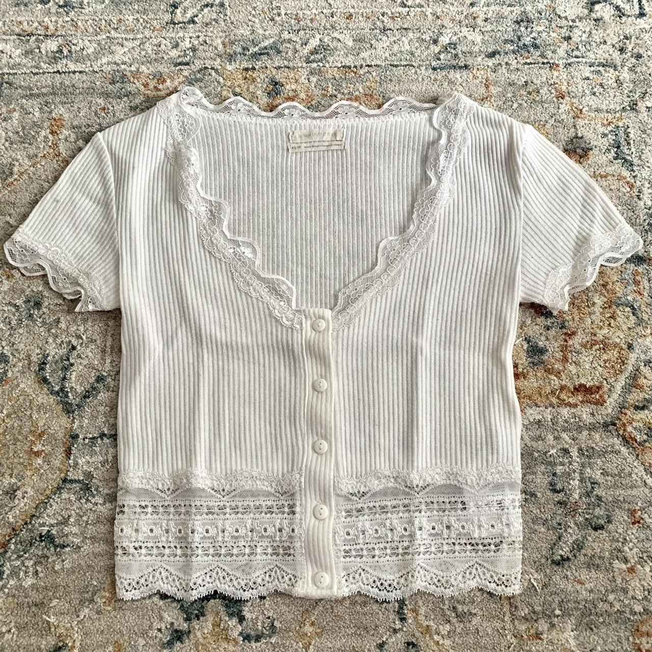 Urban outfitters white lace trim button up short... - Depop