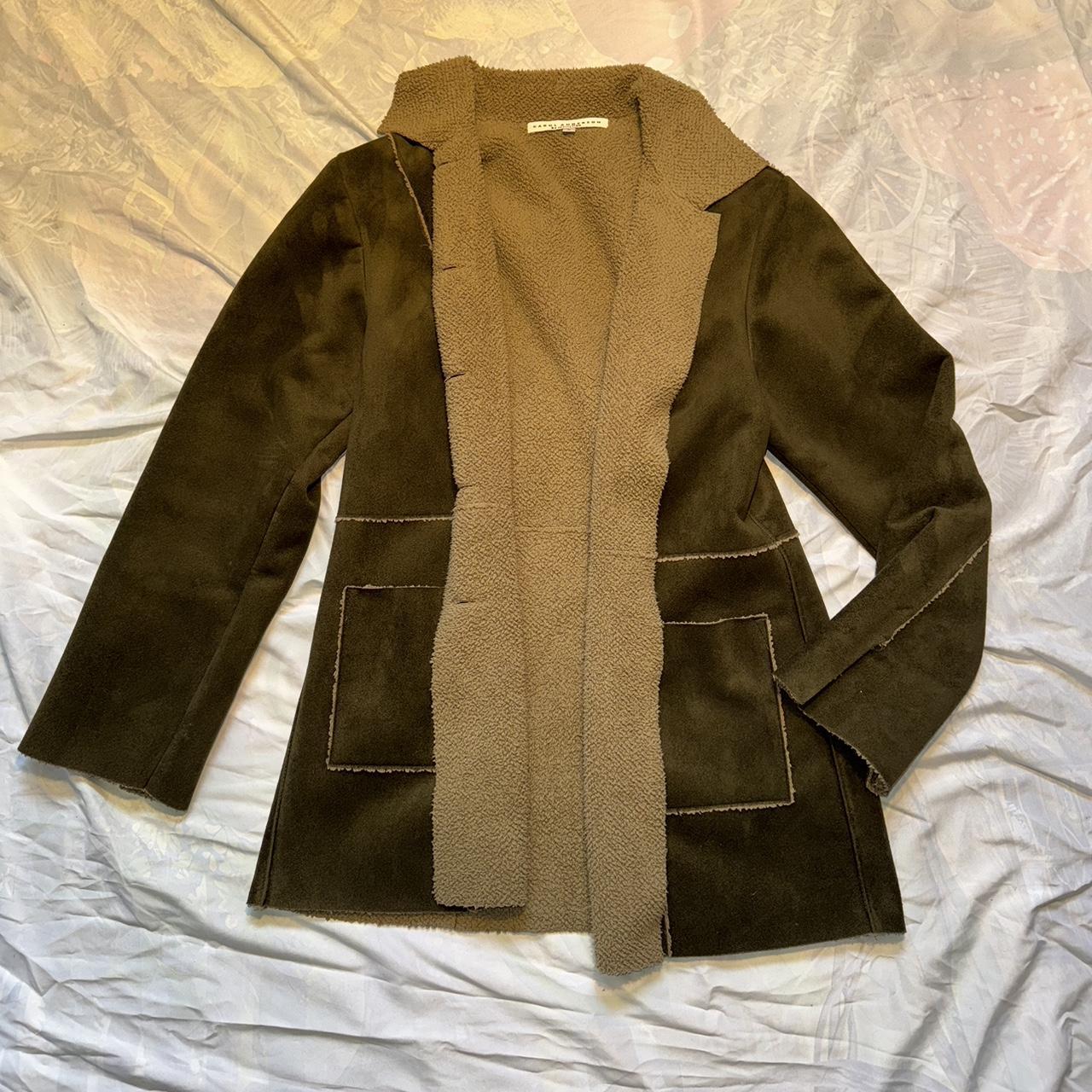 Brown and khaki suede coat with a faux fur collar,... Depop