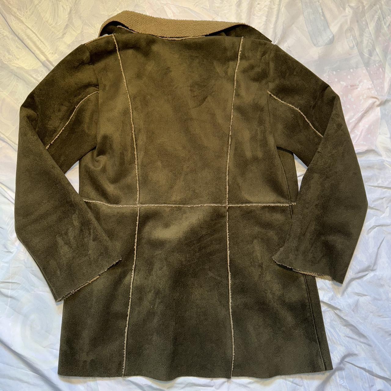 Brown and khaki suede coat with a faux fur collar,... Depop