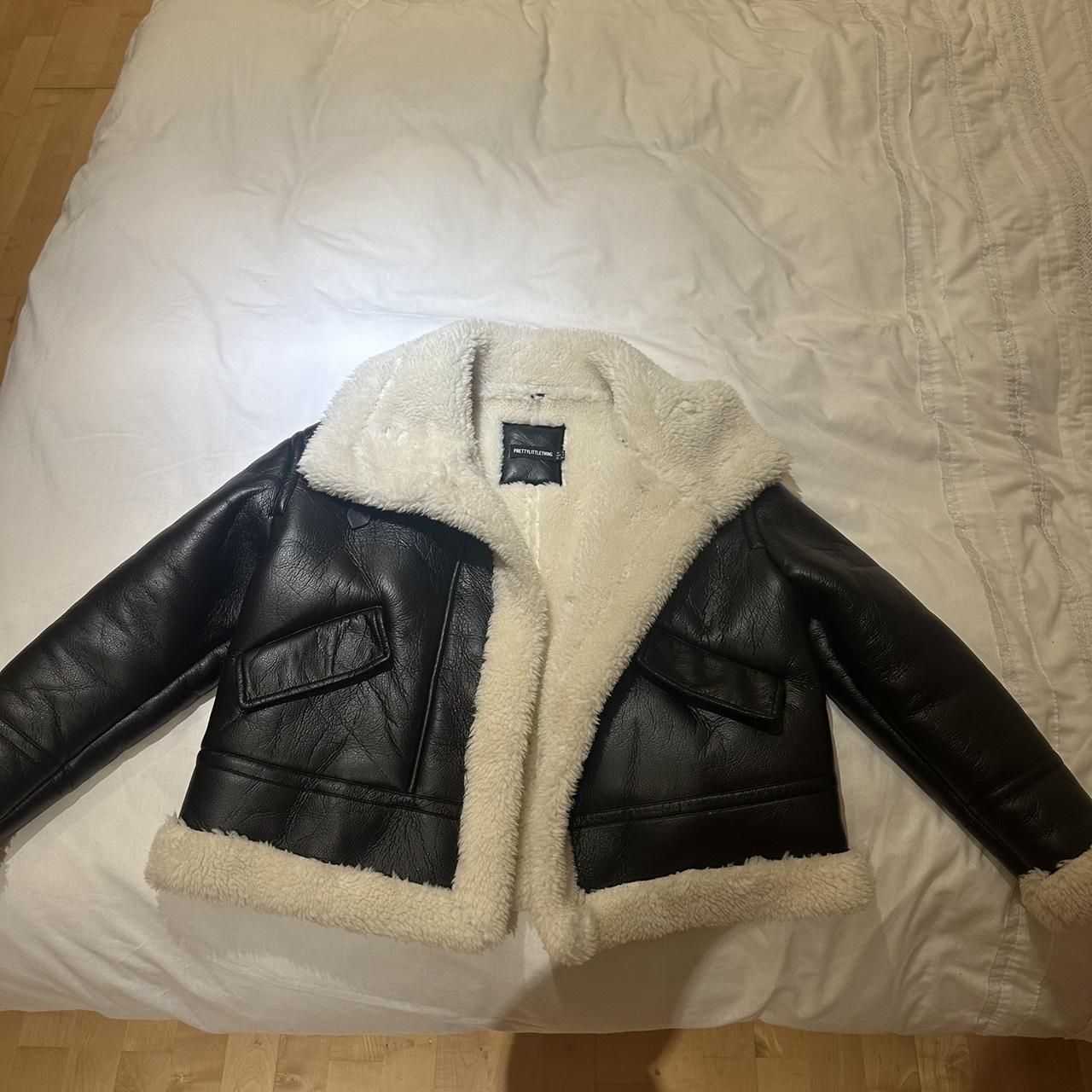 black leather with white fur aviator jacket from... - Depop