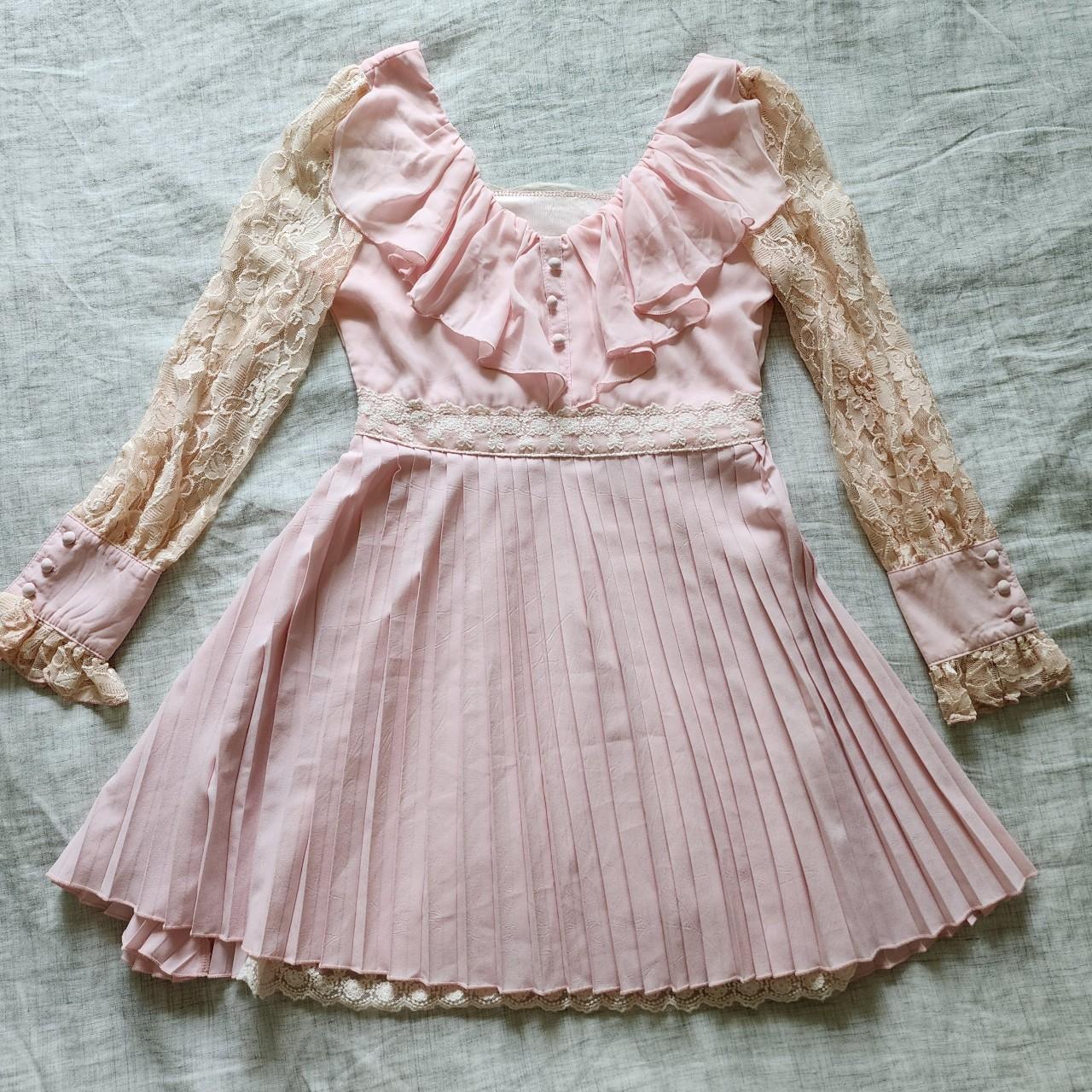 pleated pink lace babydoll vintage style... - Depop