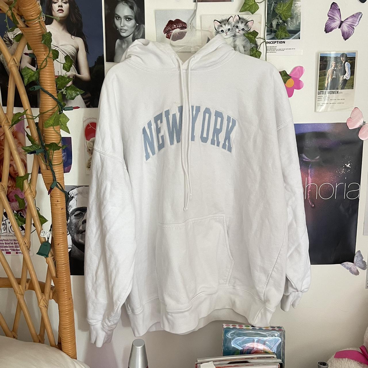 White Brandy Melville Hoodie With Embroidered Blue... - Depop