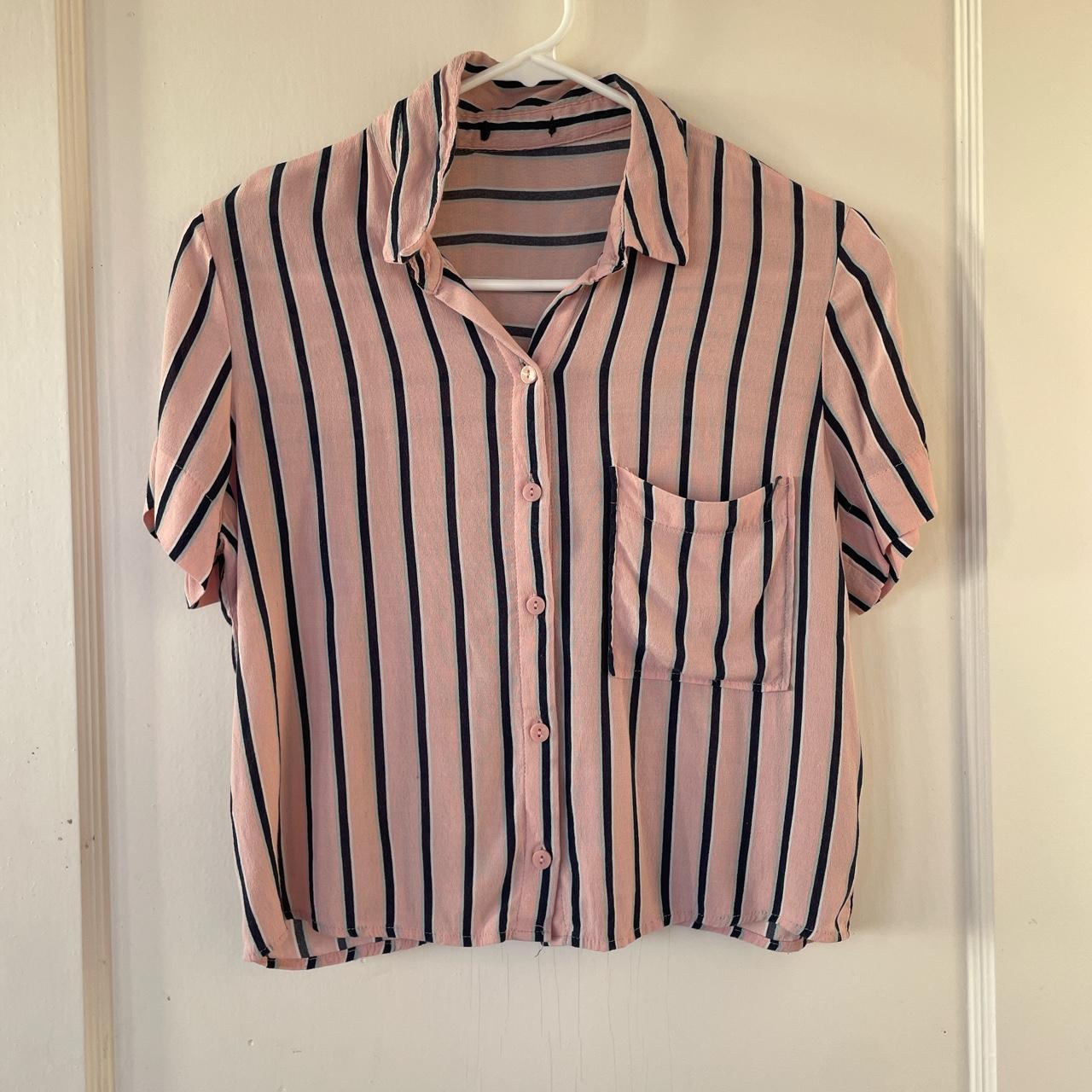 Bershka striped salmon pink short sleeve polo top Depop