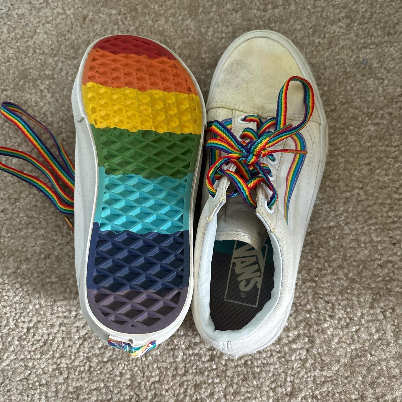 womens white with rainbow accent low top vans fits. Depop