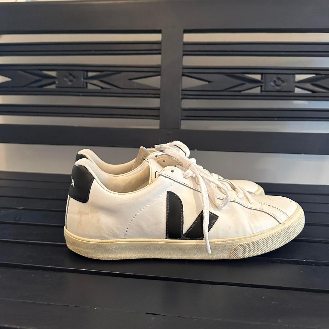 white and navy unisex VEJAs, lightly worn but in... - Depop