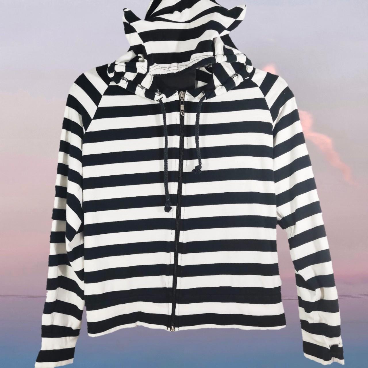 【COSYHARU】Dark navy & white string hood zip-up Cat Demon Striped Emo Y2K Furry Kawaii Stoner | Depop