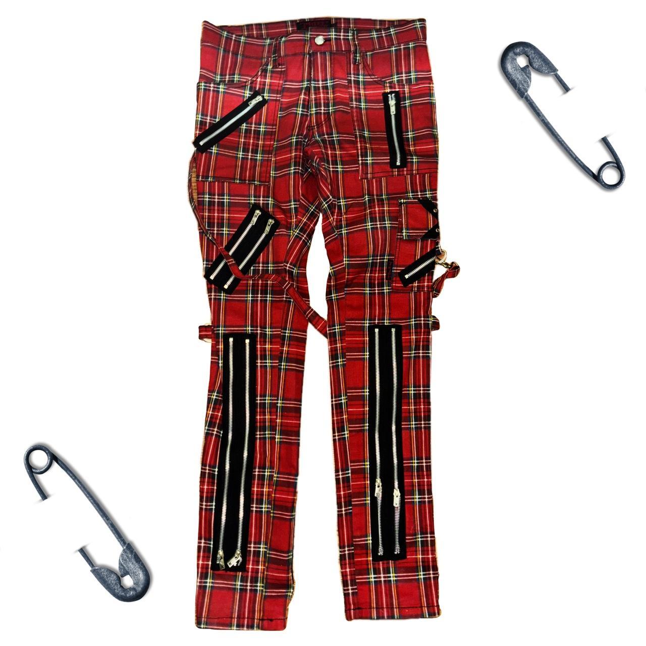 Tripp Nyc Red Plaid Bondage Strap and Zipper Pants - Depop