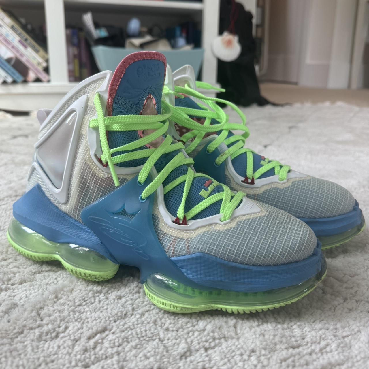 blue and lime green lebrons