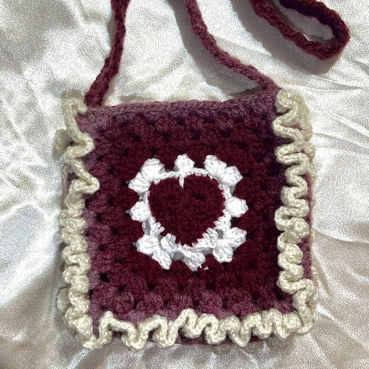 Granny Square Heart Crochet Bag Pink, White, - Depop