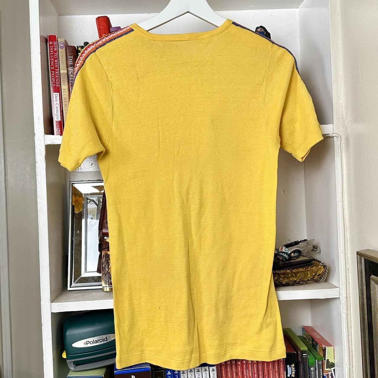 Vintage yellow 70s yellow t shirt with embroidered... - Depop