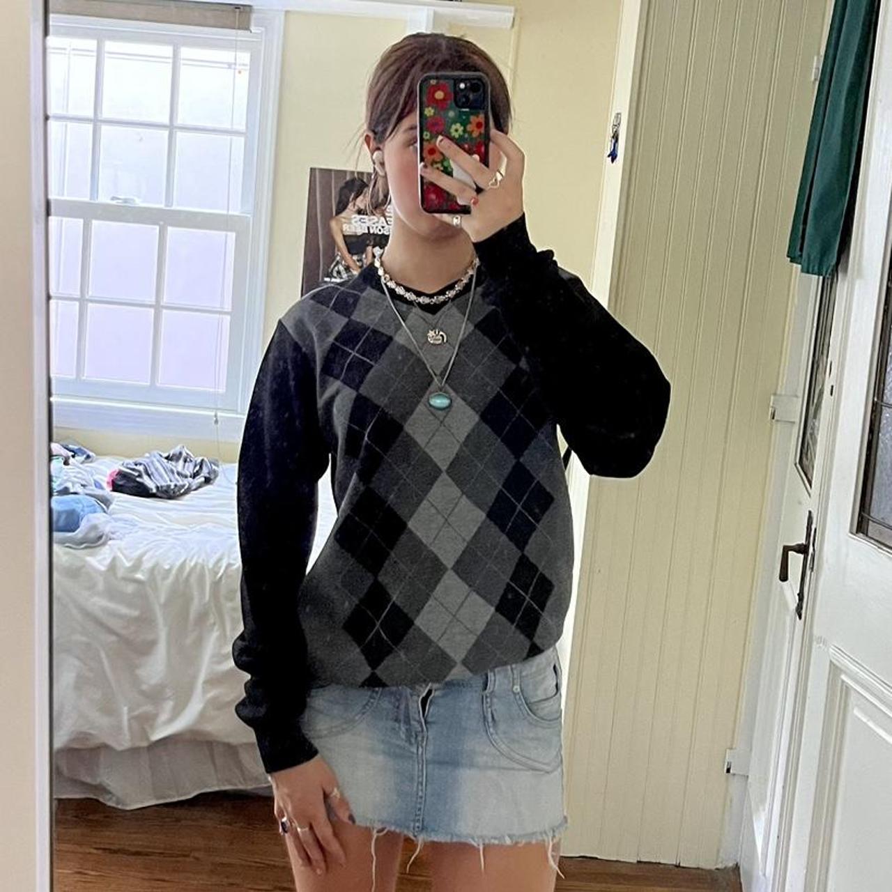 black and gray argyle sweater. tag says XL but shown... Depop