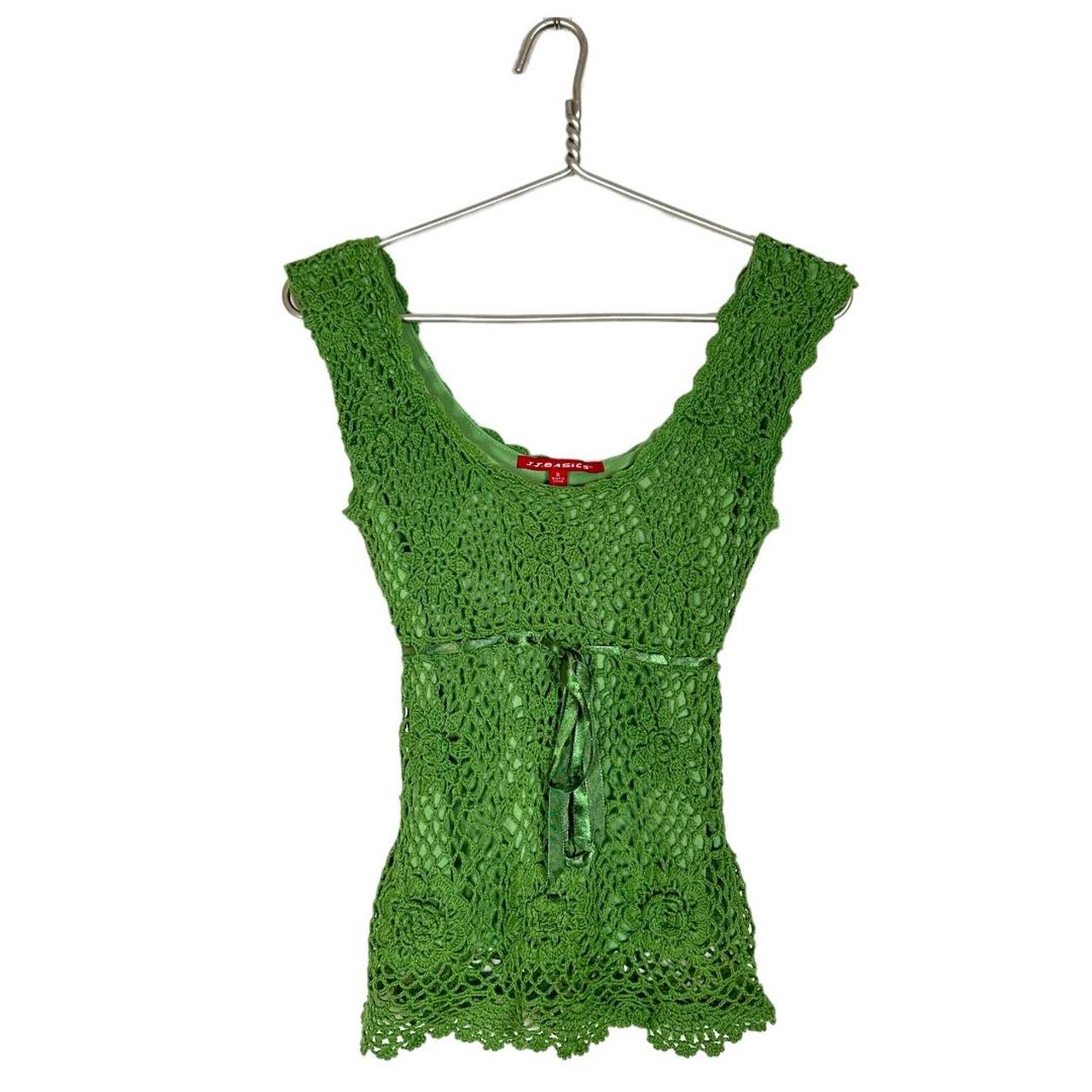 Y2K Crochet Knit Top Green colored, short sleeve,... - Depop