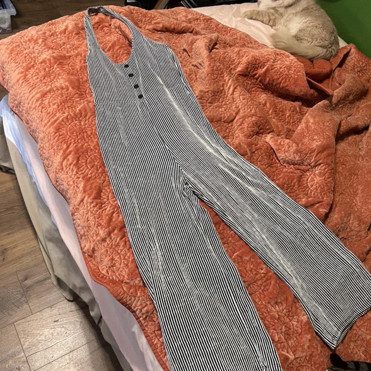 Halter neck striped wide leg jumpsuit from caution... Depop