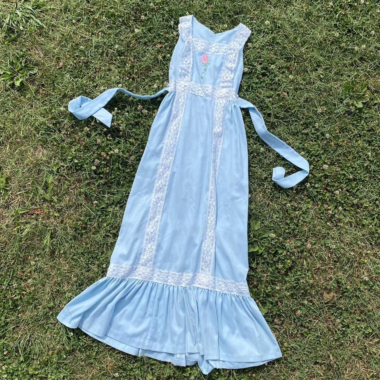 Baby blue vintage prarie dress with lace and an... - Depop