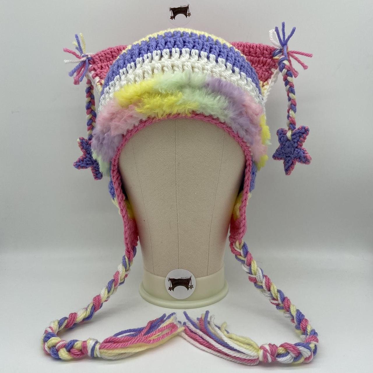 Rainbow 🌈 cat beanie with stars and faux fur 🧶 Made... - Depop