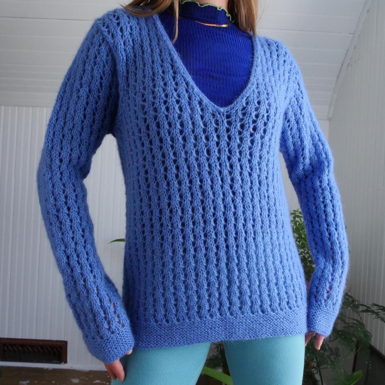 Hand knit sky blue fuzzy net sweater Deep v... - Depop