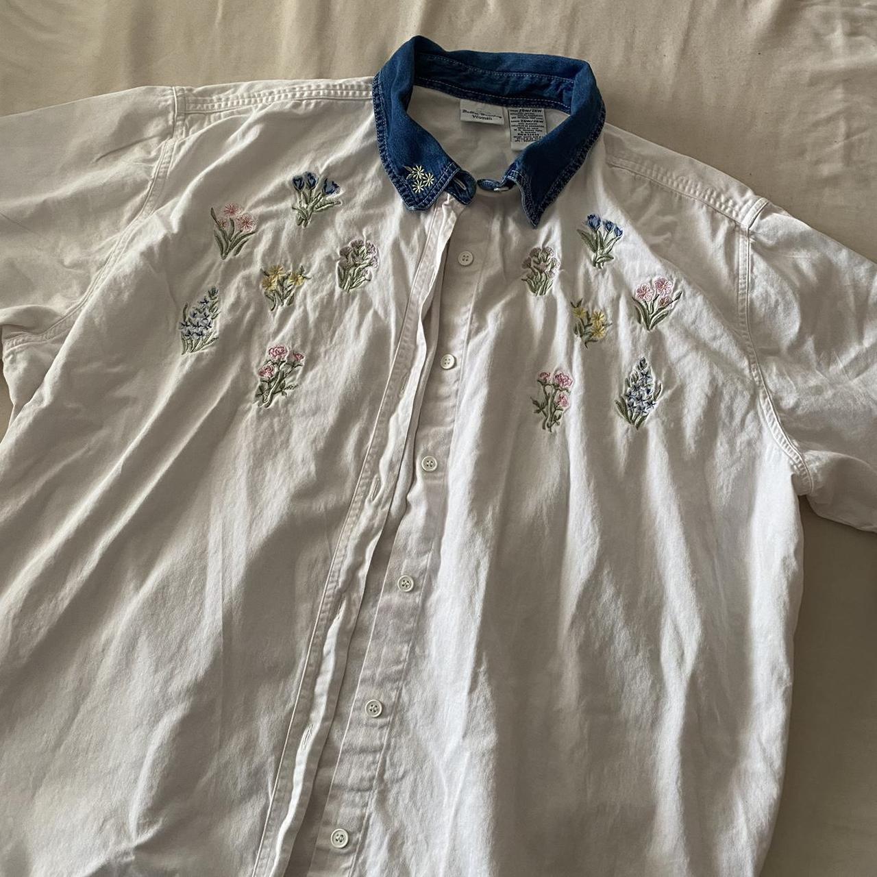 90s Embroidered floral button up! White with a denim... - Depop