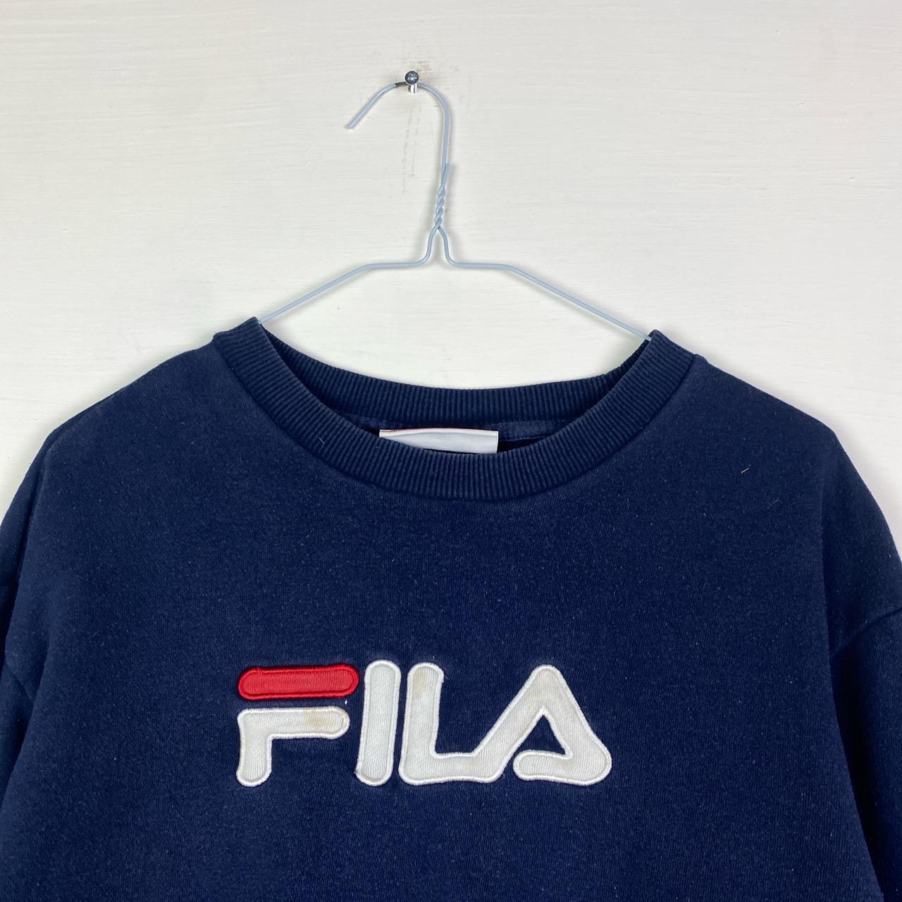 Vintage Fila White & Navy Spellout... - Depop