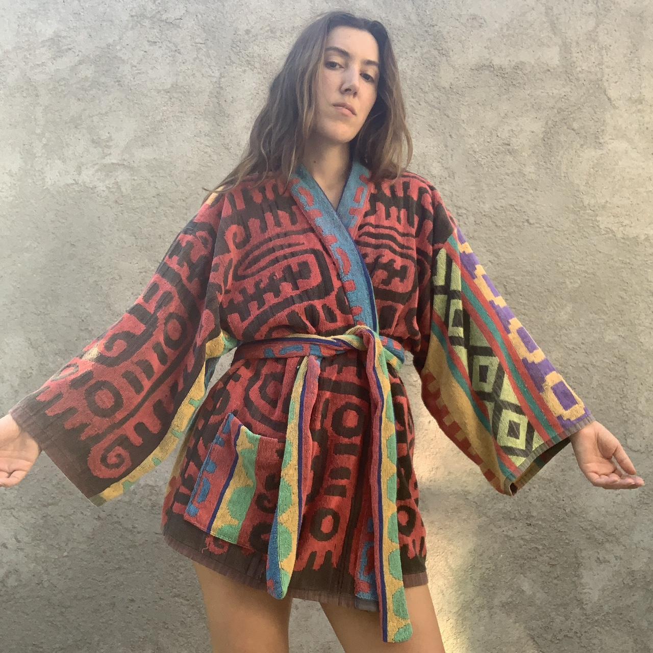Handmade beach towel robe. Made with 1980s brightly... Depop