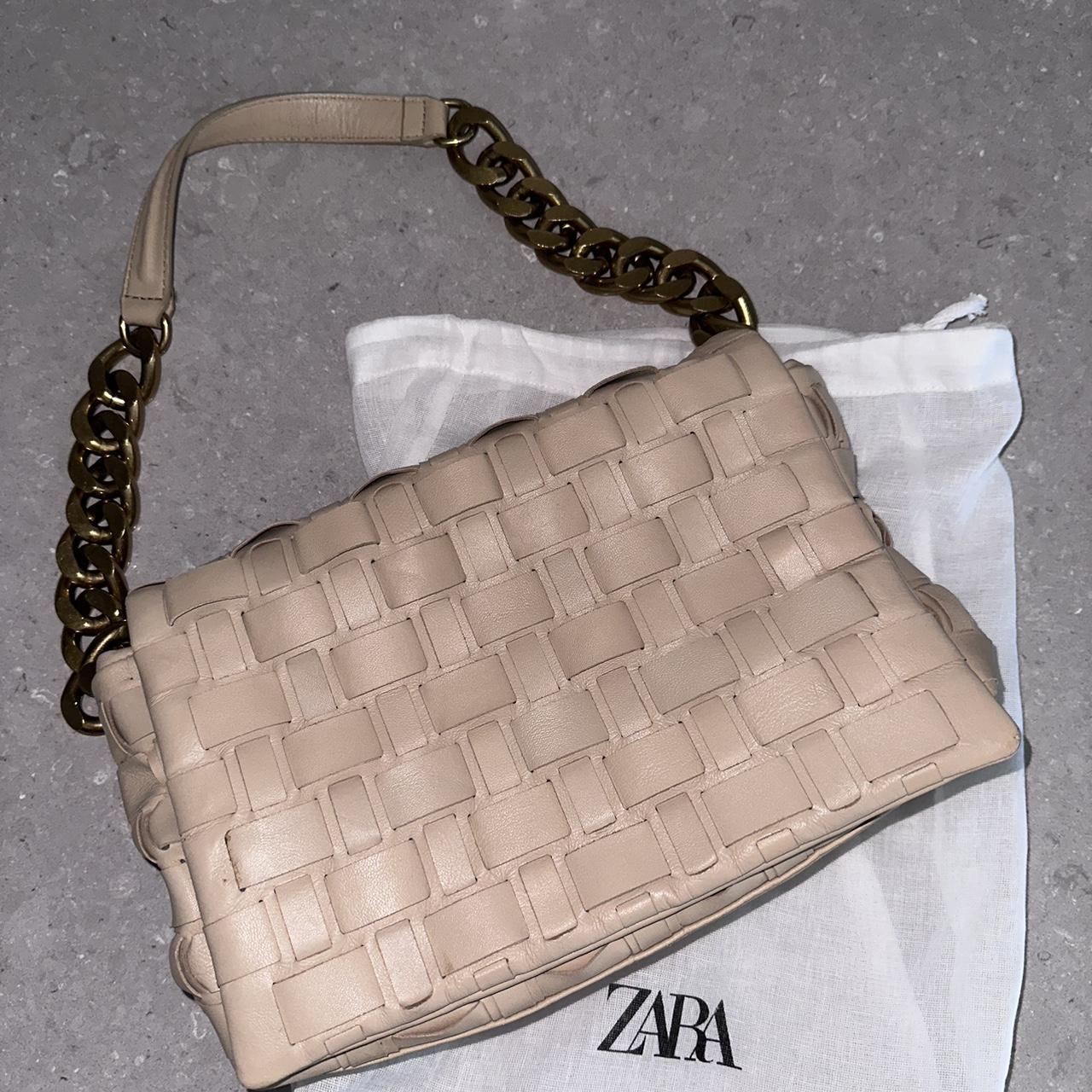 Real leather Zara shoulder bag beige camel colour... Depop