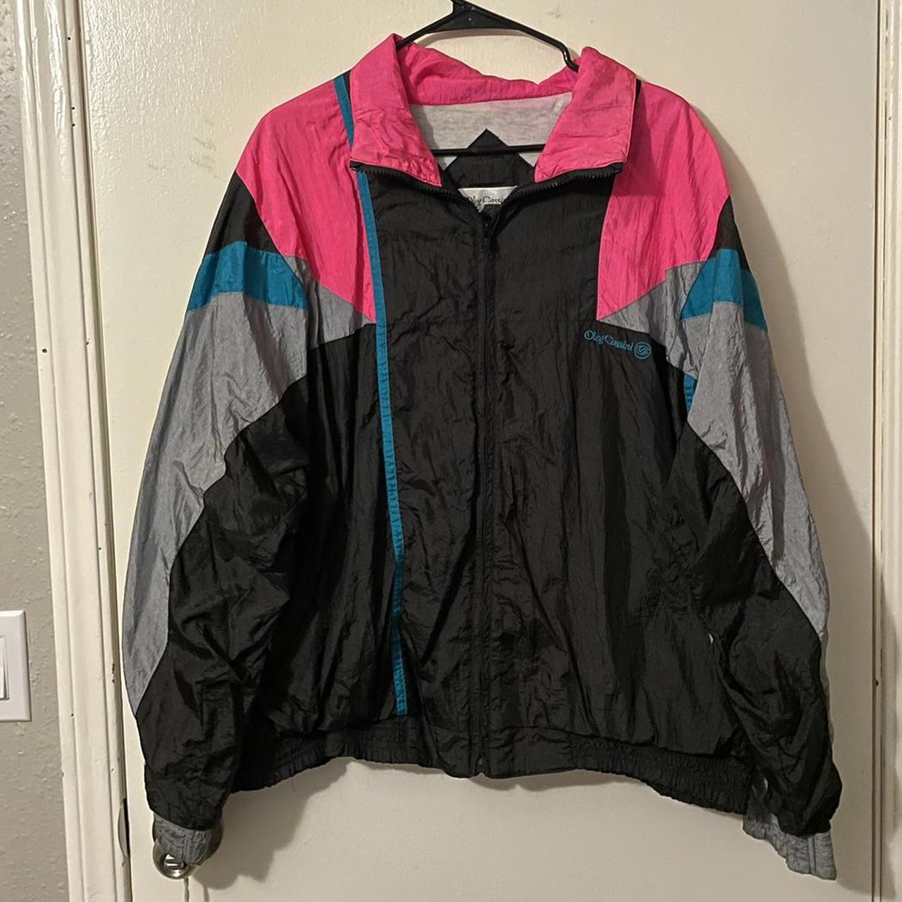 80s style windbreaker with a black, grey, pink, and | Depop